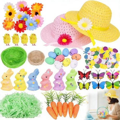 Hysagtek Easter Bonnet Kit, Easter Bonnet Decorations Includes 2 Straw Hats, Foam Bunnies, Chicks, Eggs, Butterflies, Flowers, Carrots, Grass and Confetti, Spring Craft Set
