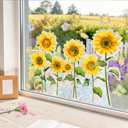 dellyy Fensterbilder Frühling Selbstklebend Sonnenblumen, Fenstersticker Frühling, Fensterbilder Blumen, Beidseitig Bedruckt, Fensterdeko für Wohnzimmer Kinderzimmer Balkon Glastür