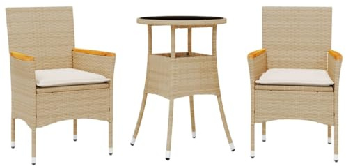 HFXHIJXQ Ensemble de balcon 3 pièces en rotin synthétique - Table ronde en verre de 60 cm avec 2 chaises de jardin + coussin amovible - Meuble d'extérieur résistant aux intempéries - Pour petits