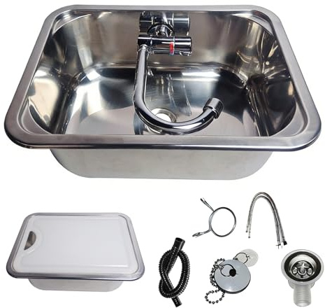WPWSDWMX Fregadero de Acero Inoxidable para Autocaravana, 38 X 28 cm, Empotrable, con Grifo Plegable de Agua Fría y Caliente y Tabla de Cortar Acrílica