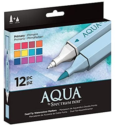 Spectrum Noir Aqua Artist's Water Based Dual Nib Marker Colouring Pens, Primary, Pack of 12, 19 x 18.4 x 2.1 cm