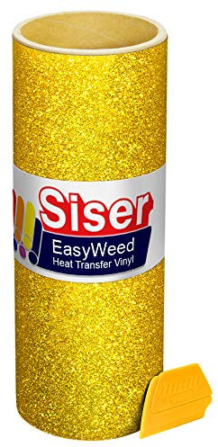 Siser Gold Glitter Iron On Heat-Transfer Vinyl Roll Including Yellow Detailer Squeegee (10 x 12)