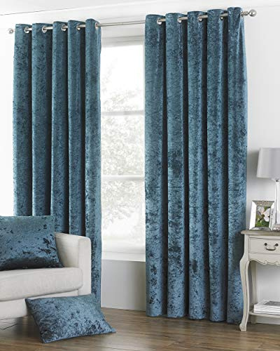 Riva Paoletti Verona Ringtop Eyelet Curtains (Pair) - Teal Blue - Velvet Feel - Crushed Velvet Look 100% Polyester - 229cm width x 183cm drop (90 x 72 inches) - Designed in the UK