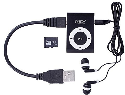 REY Mini Reproductor MP3 Negro con Enganche de Clip + Tarjeta de 4Gb + Cable de Carga + Auricular, Music Player