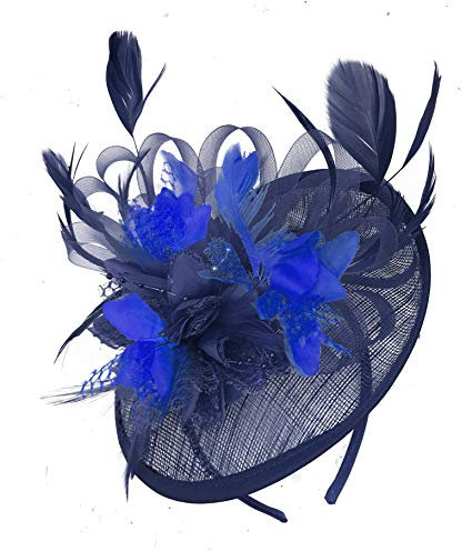 Caprilite Navy Blue and Royal Blue Sinamay Disc Saucer Fascinator Hat for Women Weddings Headband