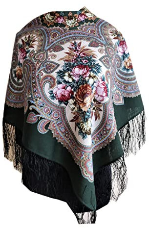 Original Damen Russischer Pawlow Posad Dunkelgrün Schal Tuch Umschlagtuch 100% Wolle, mit Paisley und Blumen, mit Seidenfransen, hochwertige Stola - sehr hohe Qualität 89cm x 89cm