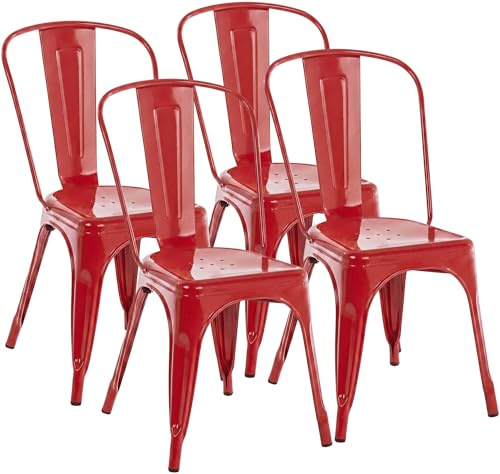 CLP Stapelstühle 4er Set Metall mit Lehnen Benedikt, Bistrostühle stapelbar für Gastronomie und Küche, Design-Stühle robust belastbar bis 200 kg | Farbe rot