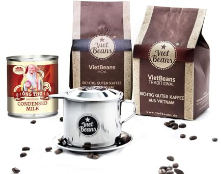 Vietnamesisches Kaffee-Starterset VietBeans Gemahlen - 2 x 250g + Filter (Phin) + gez. Kondensmilch - Vietnam - Hochwertiger vietnamesischer Kaffee