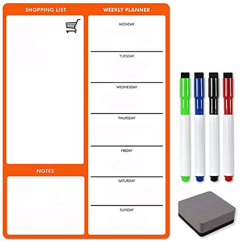 TMS A4 Magnetic Weekly Planner for Fridge, Memo Board, Whiteboard | Dry Erase Meal Planner, Calendar and Shopping List for Kitchen/Office | Dry Erase Board for Notes and Daily Reminders (Orange, A4)