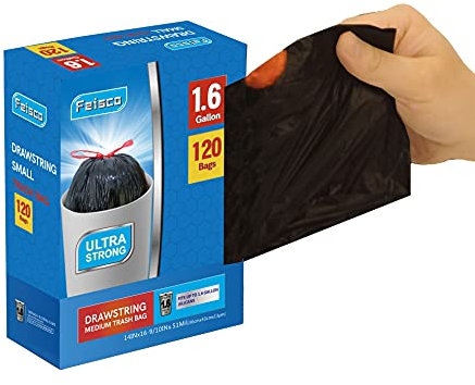 Feisco Sac poubelle noir de 6 L avec cordon de serrage - 120 pièces - 0,51 mm