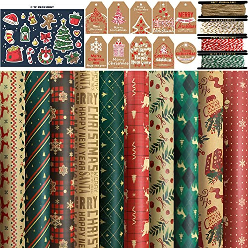 FullJoyHut Ensemble Papier Kraft d'Emballage Cadeau de Noël con 10 Feuilles Motif Renne Flocons 10 Étiquette 4 Rouleaux di Cordes Cadeaux pour Présent