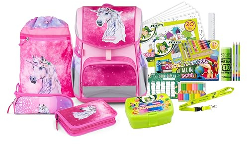 JOLLY Skolväskeset – ergonomisk Flexi 46 delar inklusive gymväska, skakningsstraff och vårpennal, höjdjusterbar rygg med trycksystem, justerbar till barnstorlek
