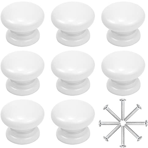Changrongsheng 8 Stück Weiß Schublade Knöpfe 33x25 mm Holz Schranktürknöpfe Runde Schubladenknopf mit Schrauben für Küche Schrank Schublade