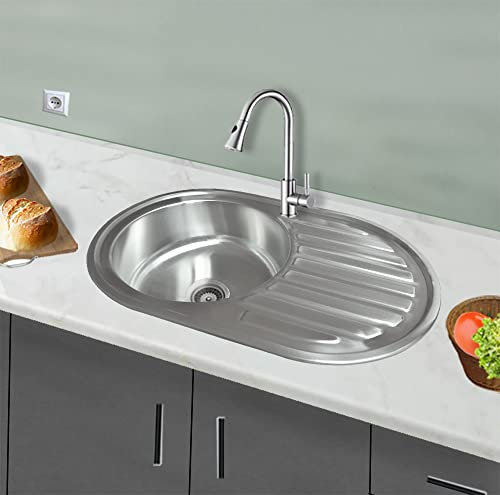Omeere Fregadero de cocina de acero inoxidable 304 de 0,8 mm,Fregadero empotrado 1 seno 77 x 50 x 18cm,pequeña redondo (Escurridor a la derecha)