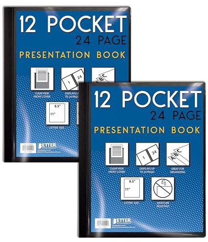 Better Office Products 12 Pocket Bound Presentation Book, Black, Clear View Front Cover, 24 Sheet Protector Pages, 8.5 x 11 Sheets, Art Portfolio, Durable Poly Covers, Letter Size (2 Pack)
