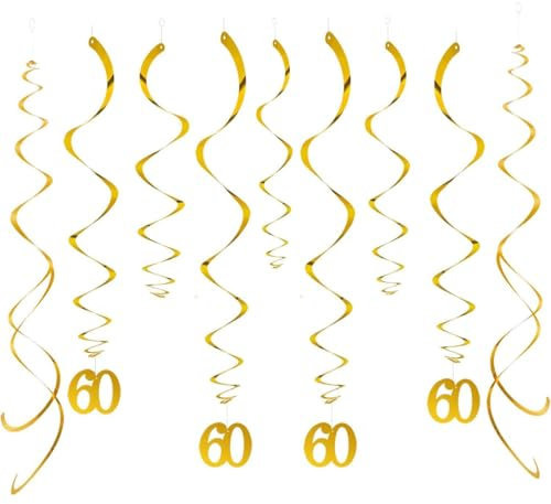 GAKA FAVOR Wirbel Deko Zahl 60 Gold Spiralen Girlande Folien Deckenhänger DoppelSpiral Deko für 60 Geburtstag, Hochzeit, Jubiläum oder Partydeko (20 Stück )