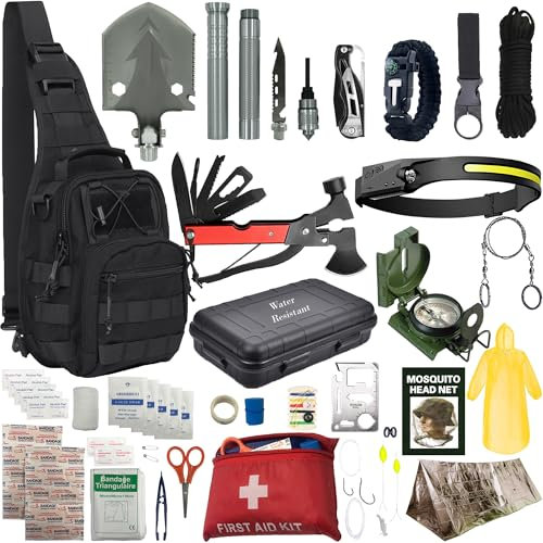 Survival Kit Emergency Supplies -75 Pcs 18-in-1 Survival Gear - Erste Hilfe, Kompass, Stirnlampe, Schaufel, Axt, Feuerstarter & mehr für Outdoor Camping, Wandern & Survival Geschenk für Männer Freunde