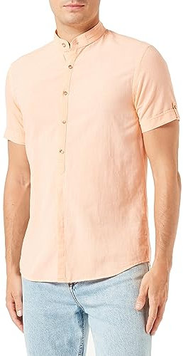 Leif Nelson Chemise d'été en lin pour homme - Manches courtes - Henley pour les loisirs et le travail - Mélange de lin et de coton - Coupe droite, Rose saumon, S
