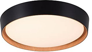 SellTec LED Deckenleuchte rund, dimmbar per Wandschalter, Stufendimmer, D=40cm schwarz/Holz Holzdekor innen