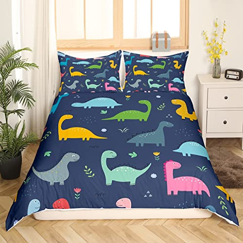 Homewish Karikatur Dinosaurier Bettwäsche 135 x 200 Jungen Niedliche Dino Bettwäsche Set für Kinder Mädchen Bunte Blumen Auf Marineblau Bettbezug Kawaii Aquarell Tier Bettbezug Leichte Bettwäsche Set