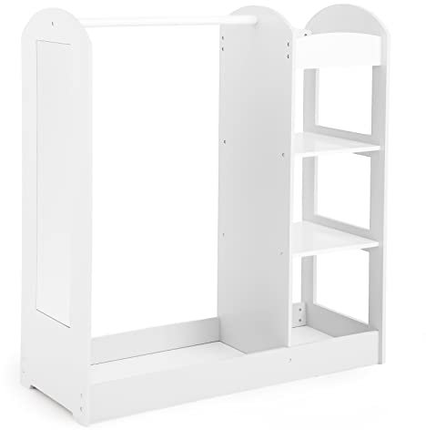 GYMAX Kids Dress up Storage, Wooden Children Wardrobe with Mirror, Clothes Rail and 4-Tier Shelves, Toddlers Closet for Girls Boys Bedroom (White)