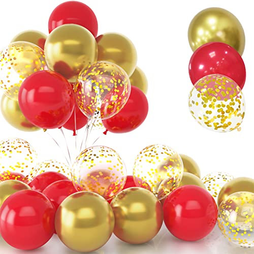 30Pcs Rot und Gold Luftballon Set, 12 Zoll Metallic Chrom Gold Konfetti Ballons Rot und Gold Latex Luftballons mit Band für Geburtstag Hochzeit Kinder Baby Shower Party Dekorationen
