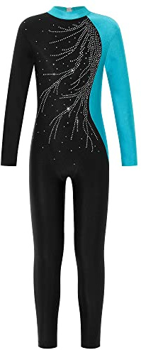 Doomiva Mädchen Turnanzug Ganzkörper Gymnastikanzug Glitzer Overall Sportbody Mit Strass Eiskunstlauf Anzug Langarm Leotard Blau Grün 134-140