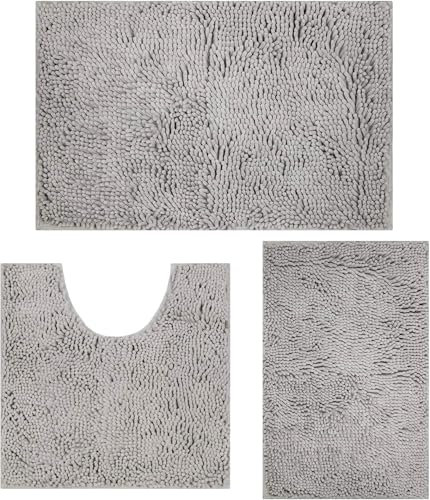 RUN HELIX Ultra Soft Chenille Bath Mat Non Slip, Bath Mat Set 3, Shaggy Bathroom Mats, Super Absorbent Bath Mats for Bathroom, Fluffy Bathroom Mat Set with U-Shaped Toilet Rug (Light Grey)