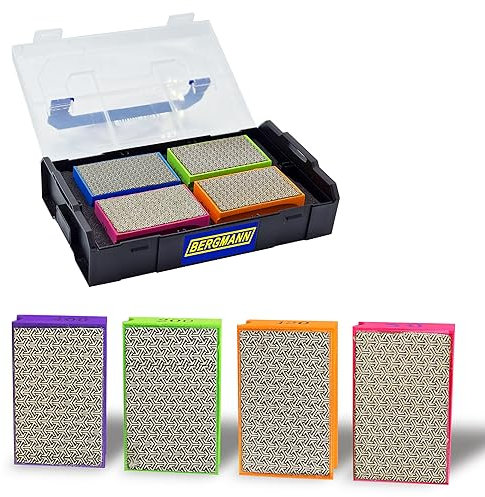 BERGMANN ® 4 x Schleifschwamm in L-Boxx Körnung 50/100 / 200/400 Handschleifpad Diamantpad Schleifpad | zum Schleifen von Granit Fliesen Keramik usw. | Schleifpad manuelles Schleifen von Kanten
