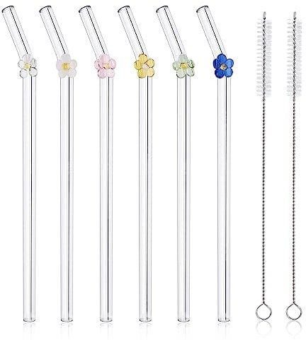 6-Pack Reusable Glass Straws with Flower, Glass Straws Shatter Resistant, 8''x8 MM Colorful Flower Glass Drinking Straws with 2 Cleaning Brushes for Smoothie Cocktail Juice-Dishwasher Safe (Flowers)