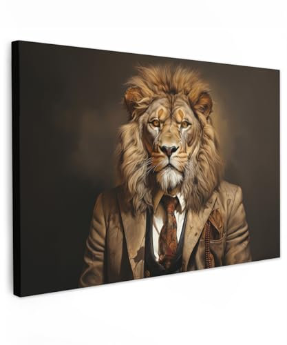 MuchoWow© Wandbilder Groß 120x80 cm XXL Schlafzimmer Home Deko Wohnung Bild Wohnzimmer Fotoleinwand Wand Bilder Leinwand Wall Decor Vintage - Löwe - Anzug - Tiere - Dunkel