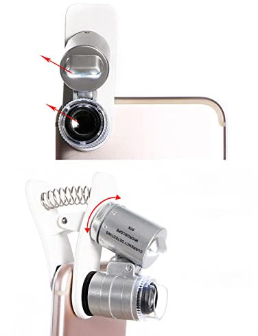 60X Handy Clip Lupe, Tragbares HD Handy Mikroskop mit 2 LEDs, Lupe LED Handy Clip Zum Erkennen von Schmuckmünzen Währungsmarken