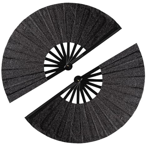 Tkocisa 2 Pack Large Folding Hand Fans Clack Handheld Fan for Party, Glitter Festival Hand Fan Large Rave Folding Hand Fan for Concert, Party, Festival, Halloween or Home Decorations(Black)