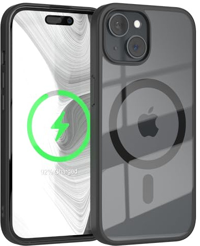 EAZY CASE Crystal TPU Hülle kompatibel mit iPhone 15 kompatibel mit Qi-Charging, Silikon mit Kameraschutz, Slimcover, Handyhülle, Silikonhülle, Backcover, Durchsichtig, Transparent/Schwarz