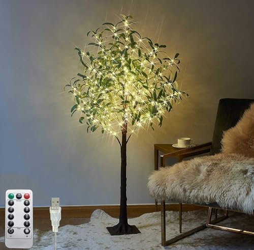 LOGT LED árbol de Luces de Olivo Artificial 180cm 300 LED Blanco cálido, USB LED árbol de Luces con Mando a Distancia, 8 Modos de luz, Luces de árbol Decorativo, Plantas Verdes Artificiales,150cm