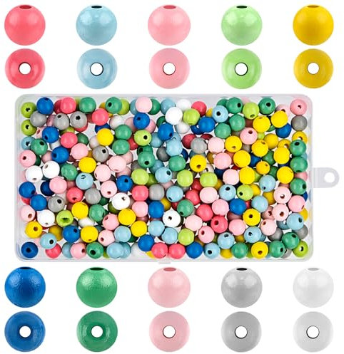 300 Stück Bunte Holzperlen, 10mm Holzperlen für Herstellung Kinder Armbaender Anhaenger Perlen Basteln mit Loch Holzperlen zum Auffädeln für DIY Armbänder Schmuck Halsketten