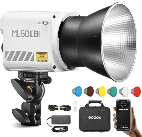GODOX ML60II Bi 70W Led Video Leuchte Handheld Fotografie LichtKit 2800K-6500K 11 FX Effekte CRI 96+ TLCI 97+ mit Standardreflektor, GODOX Halterung,Tragetasche