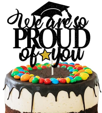 We Are So Proud of You Cake Topper, Black Glitter Graduation Cake Pick with Gold Glitter Star for 2026 Congratulations Graduation Party Cake Decorations Supplies