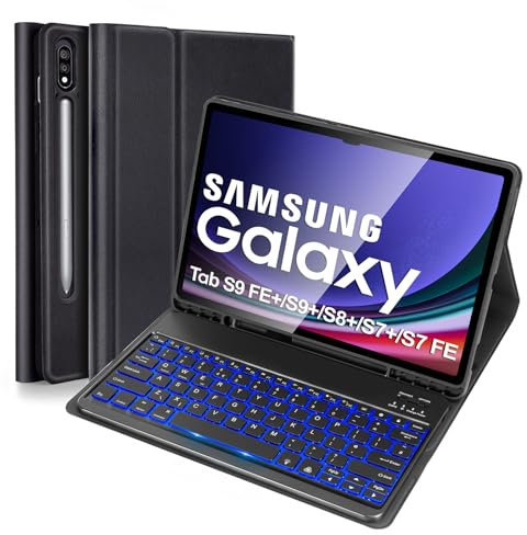 Lively Life Backlit Keyboard Case for Samsung Galaxy Tab S9 FE+/S9 Plus/S8 Plus/S7 FE/S7 Plus 12.4'', UK Layout, Magnetic Detachable Illuminated Keyboard for Galaxy Tab 12.4 Inch, Black