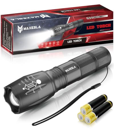 Maxesla Linterna LED 2000 Lúmenes, con Zoom, Linterna LED Superbrillante, Potente Batería, Resistente al Agua, Mini Linterna Táctica, Camping al Aire Libre, 3 Pilas AAA