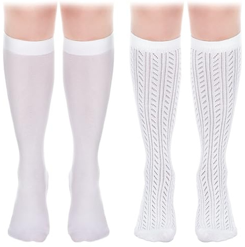 Suhine 2 Pair Oktoberfest Socks German Dirndl Knee High Socks with Bows Lace Trim Ruffle White Stockings for Women(Hollow)