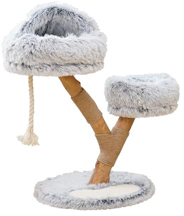 Dehner Lieblinge Kratzbaum Berlioz, Katzenbaum robust, Kletterbaum für Katzen, ca. 49 x 83 x 49 cm, Plüsch/Spanplatte/Jute/Holz, hellgrau