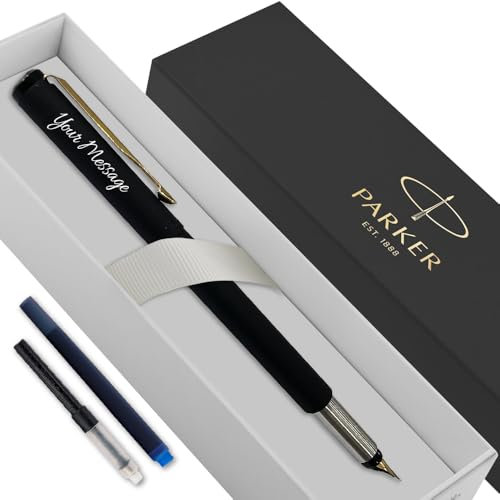 Personalised Parker Vector Fountain Pen With Colour Option (Blue or Black Ink Cartridge) & Converter | Elegant Gift Box Birthday Gift Perfect for Men & Women with Laser Engraving (Matte Black & Gold)