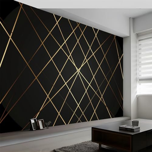 Photo Wallpaper 400W x 280H cm Panoramic Custom Mural, Minimalist Style Gold Stripes Wall Covering Mural - Black Non-Woven Art Print Wallpaper Decoration Wall Poster Picture Modern Design