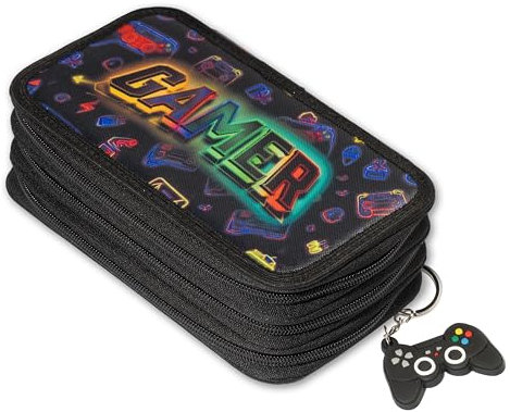 Mäppchen Federtasche 3 Fach Federmäppchen Schüleretui Schlamperbox Stiftemappe mit 3 Reißverschluss-Fächern Spieler Gamer [150]