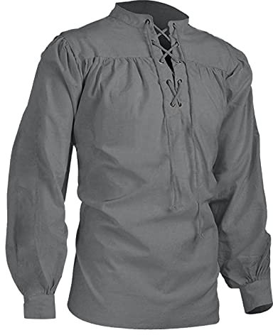 Qzeanxy Vintage Hemd Herren Universal Fit Kostüm Mit Schnürung Baumwolle Viking Kostüm Schnürhemd Halloween Leinenhemd Langarm Freizeithemd Mitteralterhemd Mittelalterliches Vintage-Kostüm Hemd
