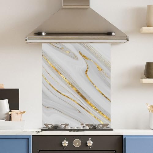 Toughened 6mm Glass Kitchen Splashback 60 x 75cm White Gold Quartz - Polished Heat Resistant Back Splash for Cookers Hob