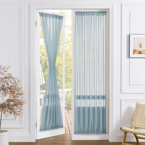Tollpiz Sheer Door Curtains Closet Linen Textured Curtains Sheer Doorway Light Filtering Voile Rod French Door Pocket Curtain Patio Door, 25 x 72 inches Long, Dusty Blue, Set of 1 Panel
