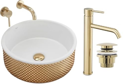 GTM Design Aufsatzwaschbecken Set mit Waschtischbatterie und Stopfen - Aufsatzwaschbecken Oval für Badezimmer - Modern Waschbecken ohne Hahnloch - Waschbecken mit Armature - Modell 3