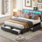 Marco de cama Queen Size con 4 cajones de almacenamiento, 160 x 200 cm, marco de cama acolchado King Size con luces LED y carga USB, cama Queen Size acolchada moderna para jóvenes